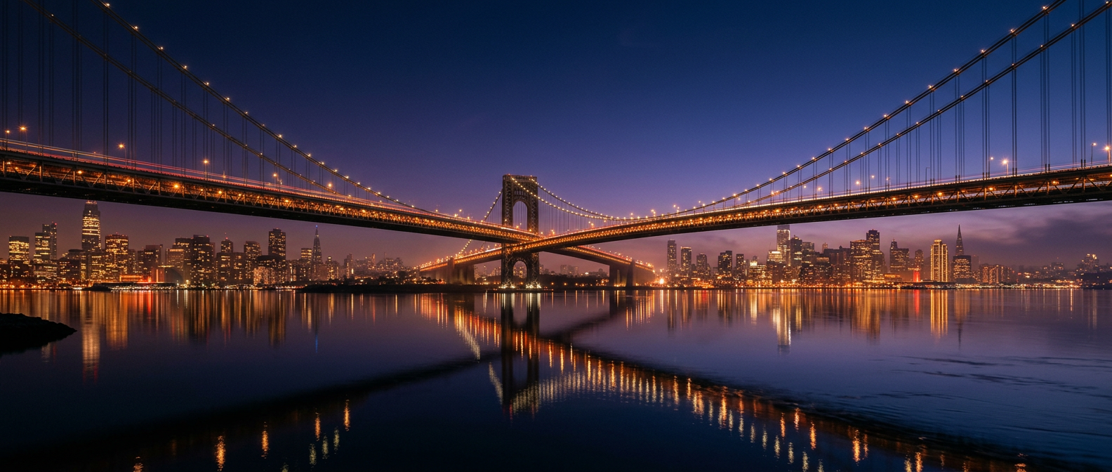 Illuminated suspension bridge linking two city skylines at dusk