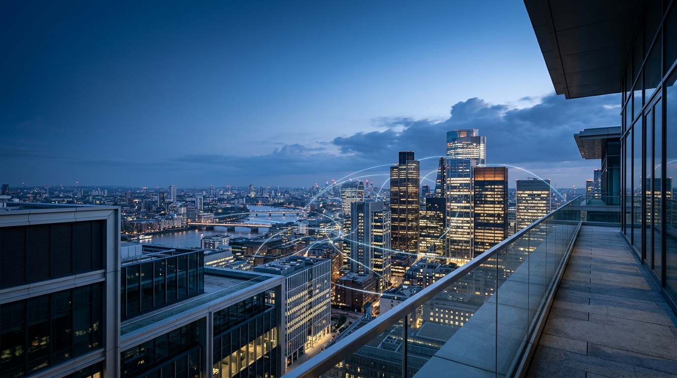 Blue-hour view of a global financial and technology skyline connected by light paths