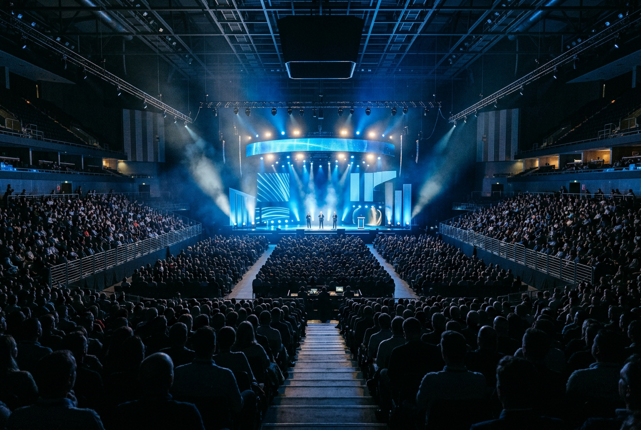 Large arena stage lit in blue during a global startup pitch competition