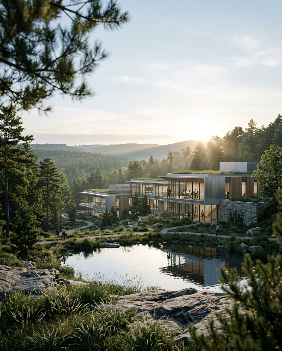 Modern architecture set within a forest landscape at sunrise