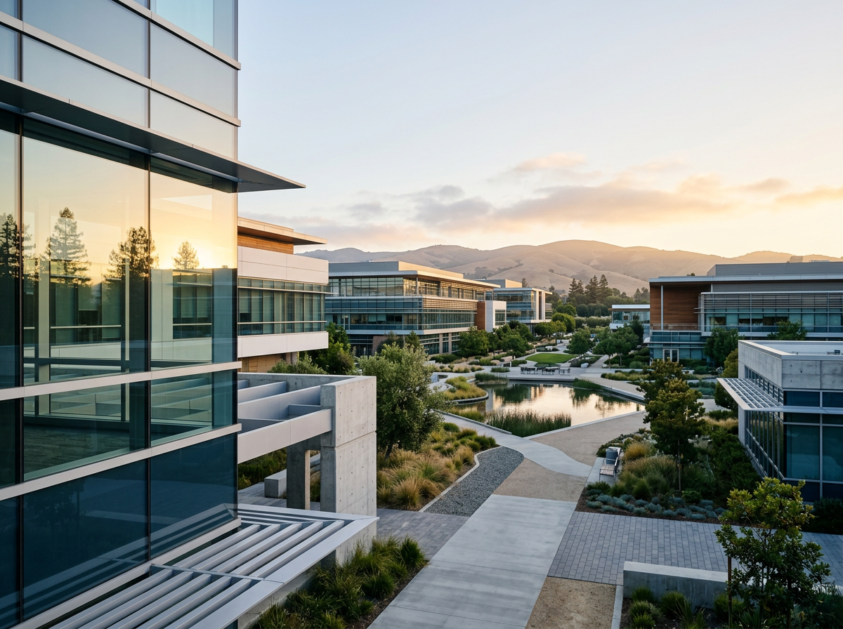 Silicon Valley technology campus at sunrise with glass architecture